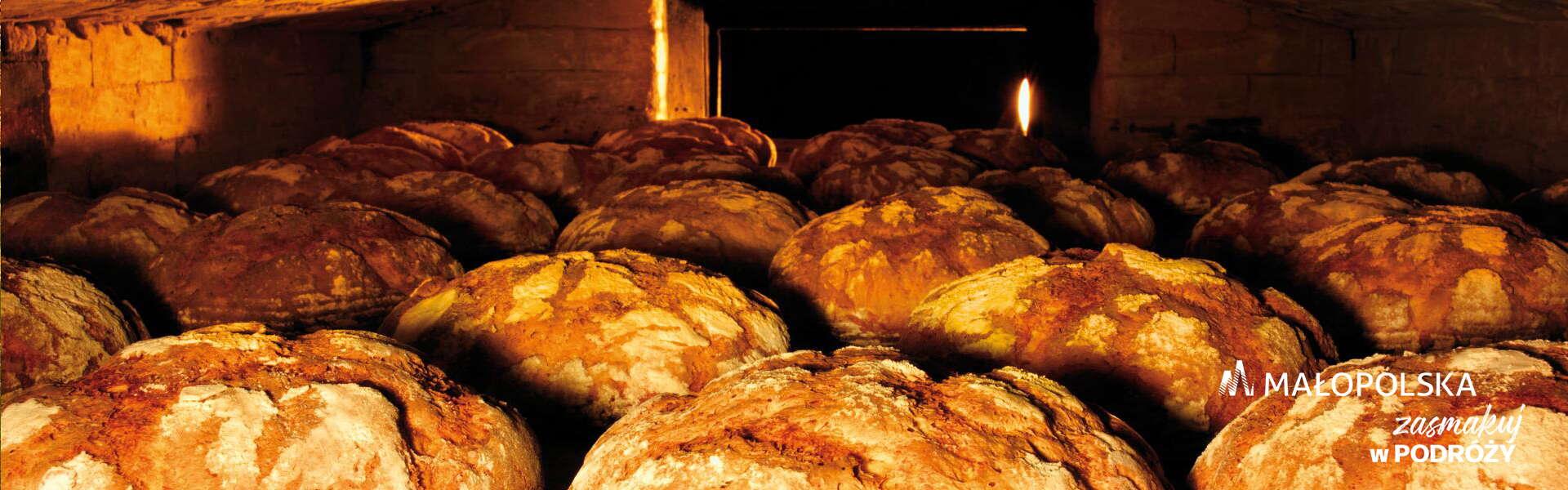 Wiele bochenków chleba ułożonych jeden przy drugim, w prawym dolnym rogu logo Małopolski i napis Zasmakuj w podróży