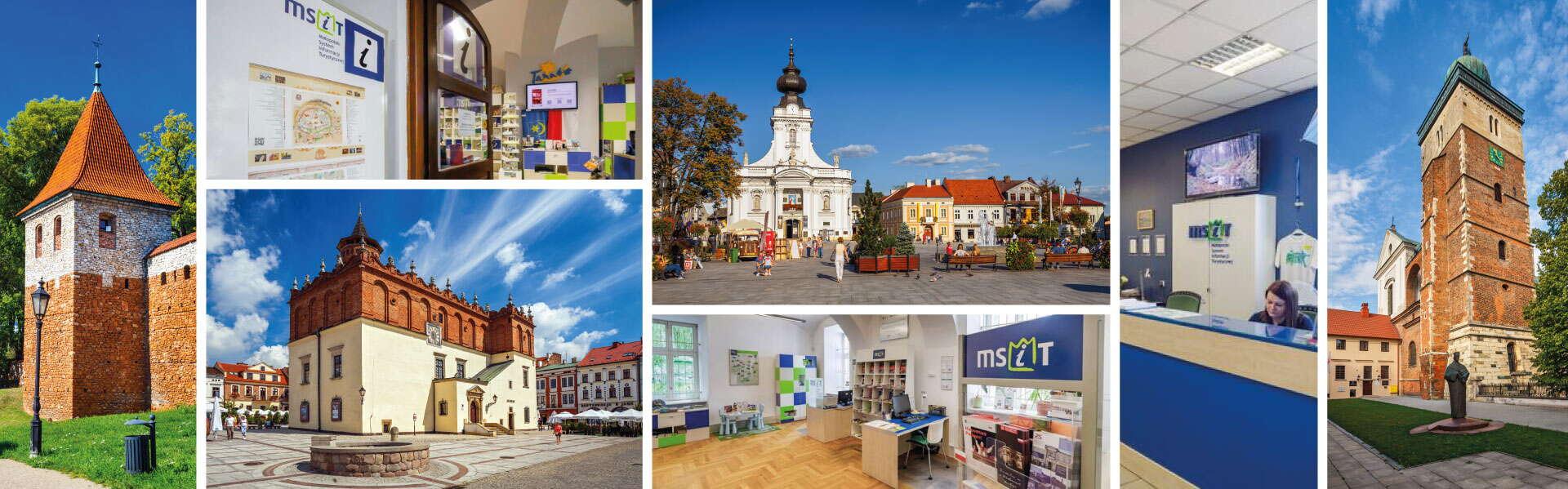 Kolaż zdjęć przedstawiających wybrane miejscowości, w których znajdują się punkty informacji turystycznej MSIT: Tarnów, Wadowice, Olkusz, Miechów.